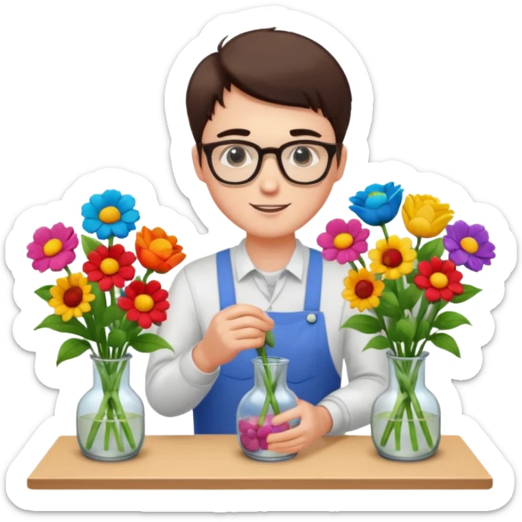 Young male florist – wearing glasses, arranging flowers in a vase. sticker