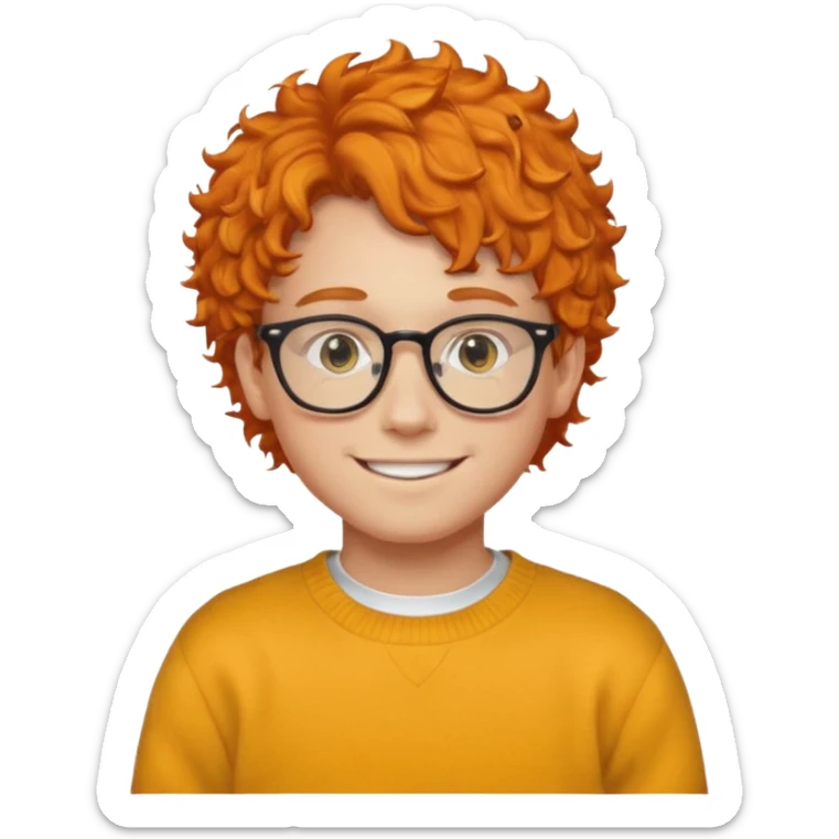 teen nerd orange hair boy curly orange hair wearing white shirt inside a yellow sweater with glasses  sticker