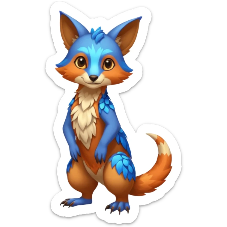 Colorful brown with blue and orange tropical exotic shiny beautiful fantasy-Vernid-Cacomistle-animal-Fakémon-hybrid-fursona (full body) sticker
