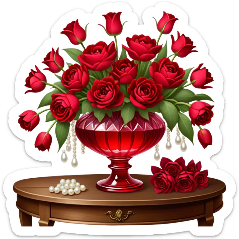 "A romantic still life of a crystal-clear red glass vase brimming with a lavish mix of scarlet roses, tulips, peonies, and silk-like pansies, with pearl-hued ribbons cascading gracefully over a vintage wooden table."
 sticker