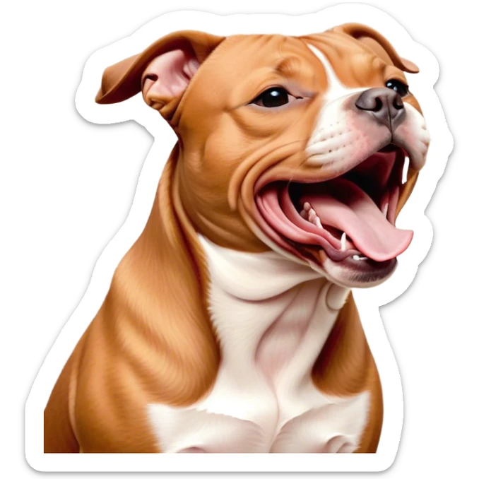 Cinematic Cute Yawning Red/Fawn Staffordshire Bull Terrier Portrait Emoji, Head tilted slightly with a dramatic, wide-open yawn, showcasing a smooth red/fawn Fur with crisp white accents, floppy ears slightly drooping, round dark eyes barely open in drowsy contentment, Simplified yet irresistibly adorable features, highly detailed, glowing with a soft, cozy glow, high shine, relaxed yet expressive, stylized with a touch of whimsy, bright and endearing, soft glowing outline, capturing the essence of a sleepy yet affectionate guardian, so drowsy it feels like it could stretch right out of the screen and curl up for a nap! sticker