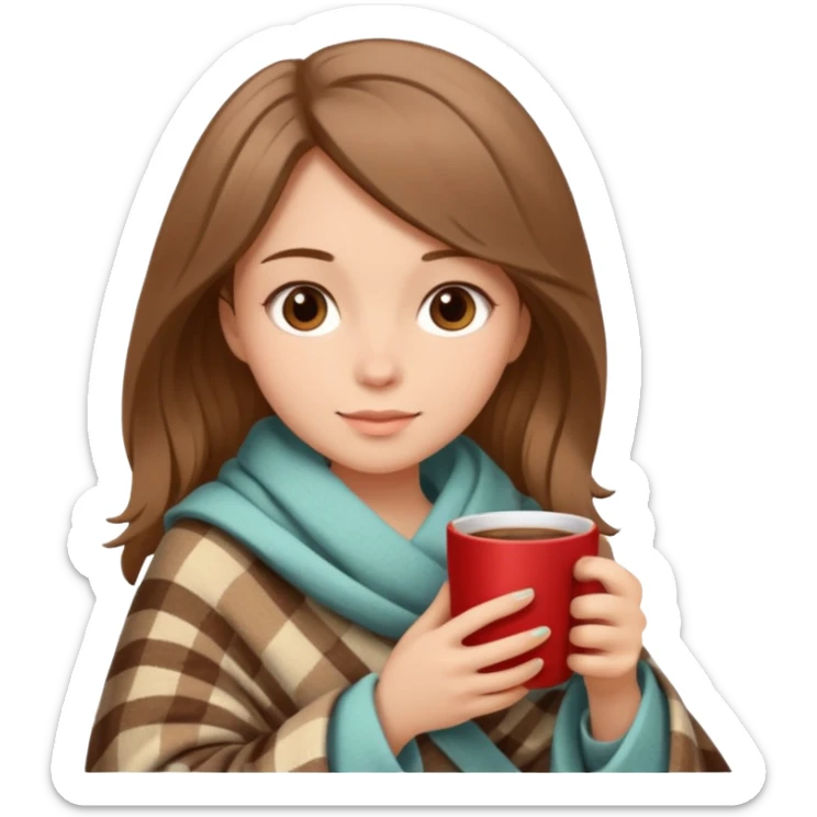 Beige Brown hair Girl drinking coffee, with a cozy blanket and book sticker