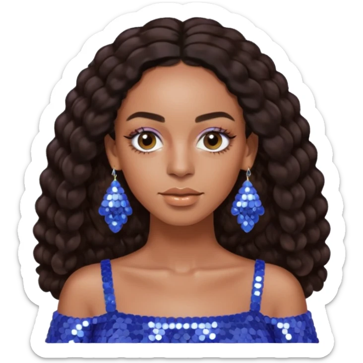 Solange with dark brown long hair, periwinkle sequin crop top, periwinkle earring sticker