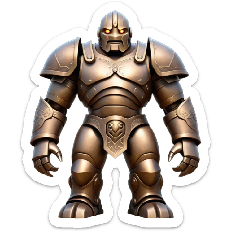 Cinematic Noble Mighty Iron Golem Portrait Emoji Poised and imposing, with a towering, metallic form forged from intricately detailed plates of burnished steel and ancient bronze, etched with faint traces of runes and weathered marks of time. Its piercing, glowing eyes radiate unwavering resolve, casting a solemn and commanding presence; rendered with lifelike texture and natural metallic highlights, high shine, elegant yet indomitable, styled with an aura of legendary endurance, focused and resolute, soft glowing outline, capturing the essence of an eternal guardian, standing vigilant and immovable as if ready to awaken at any moment with unstoppable might! sticker