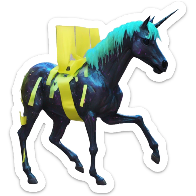 .Zombie_ Vaporwave black holographic oilslick zombie unicorn yellow caution tape graffiti Pegasus  broken skeleton  sticker