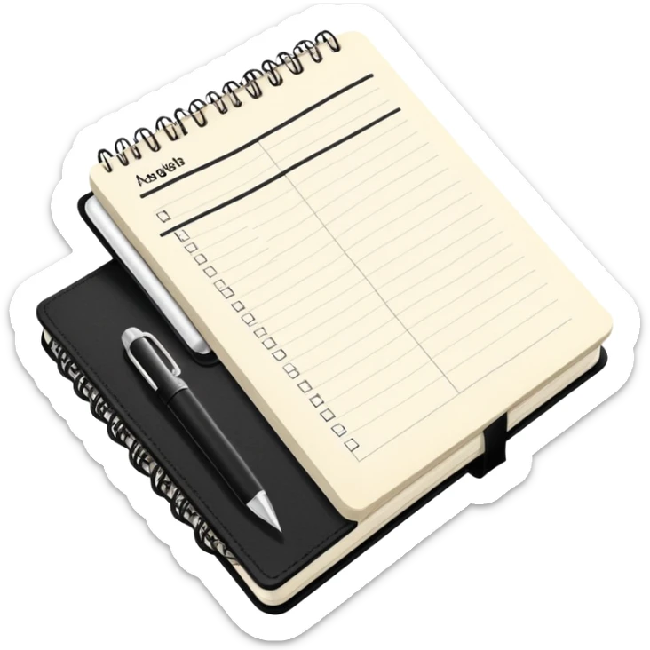 A classic black Moleskine notebook open to show an agenda page with meeting items and bullet points sticker