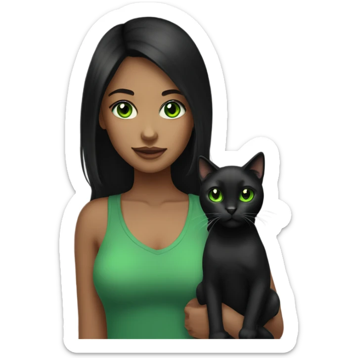 black haired girl with green eyes bring a black green eyed cat sticker