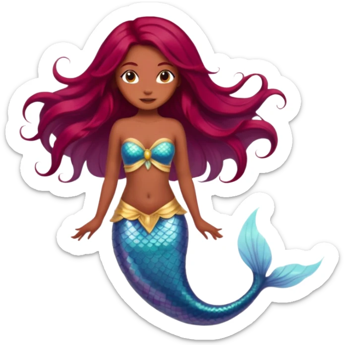 mermaid fairy hybrid with long flowy dyed red burgundy hair, medium brown skin tone sticker