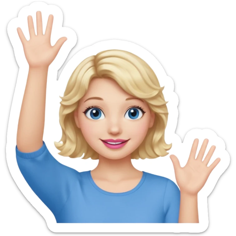 Girl Blonde short wavy hair,  blue eyes, cute blue top, long lashes, pink lips, smiling, one hand in the air sticker