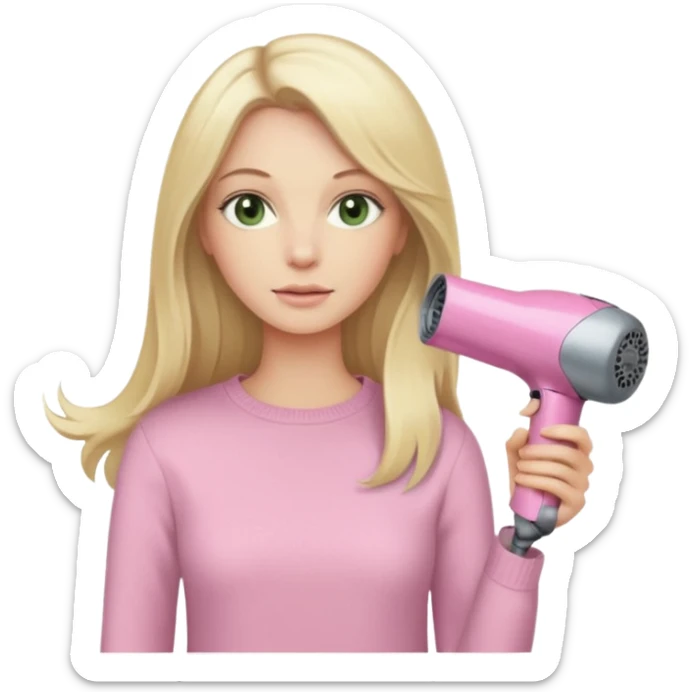 blonde woman with long hair, pale green eyes, beige sweater, holding a pink Dyson hair dryer, iOS emoji style sticker