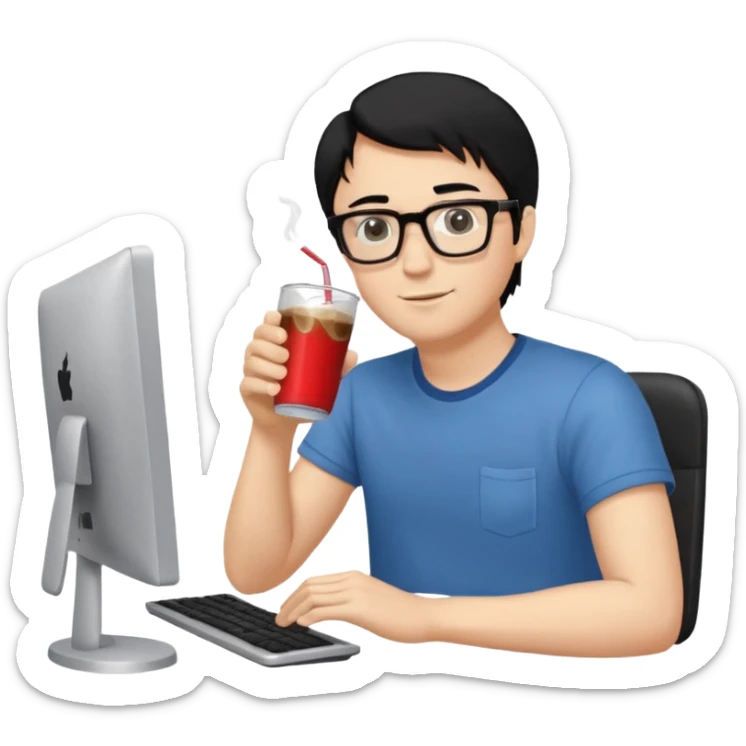 Hombre blanco con gafas, pelo negro tomando un refresco frente a un ordenador con ropa de sport, se ve en la pantalla del ordenador una mujer rubia tomando café sticker