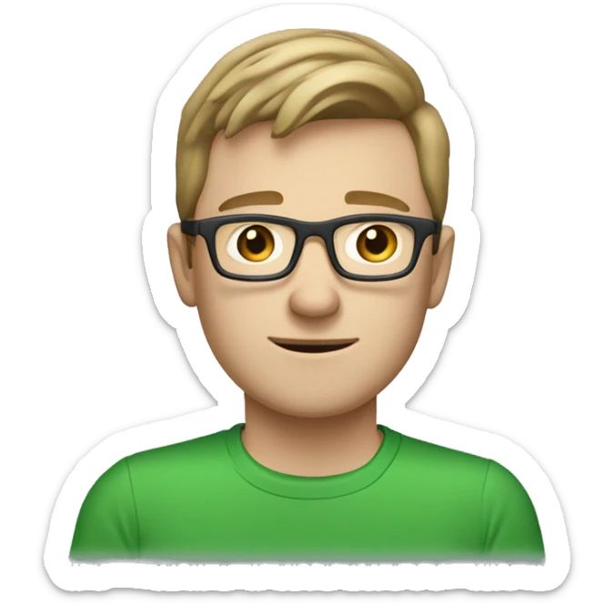 white young man with ligth brown hair and square glasses and blue eyes wearing green t-shirt using laptop  sticker