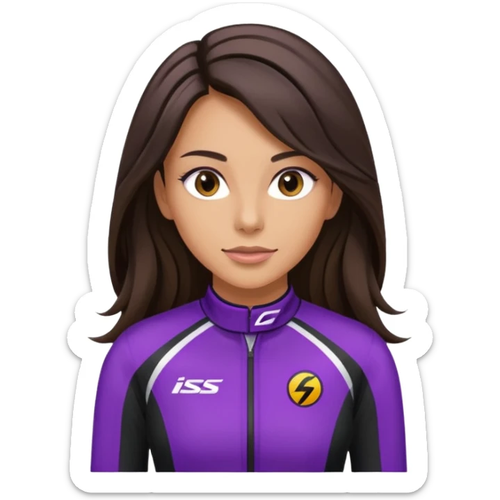 brunette long hair woman with black racing outfit with purple strips sticker