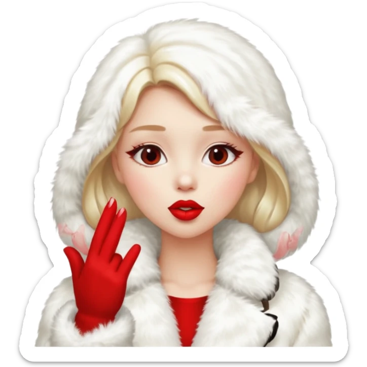 A beautiful, cute girl with red lipstick on her lips in a white fur coat,  in full view, blowing a kiss. sticker