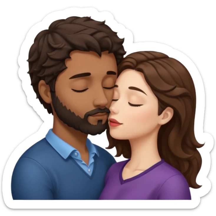 White woman (brown hair with eyes closed) kissing the top of the head (forehead) of brown man with black wavy hair (has a a beard with his eyes closed too). Woman has her lips to the forehead of the man. sticker