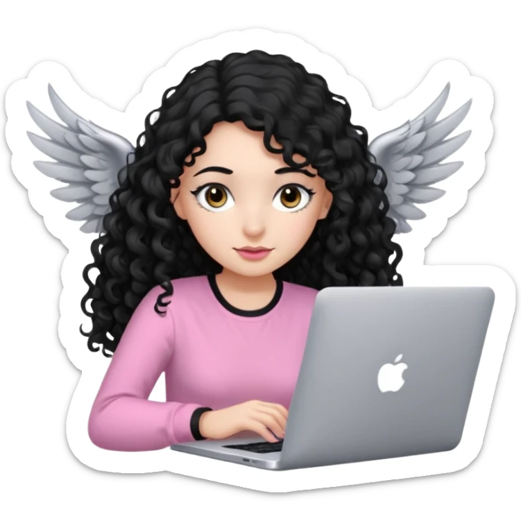 a girl typing mac book with long black curly hair and brown eyes with winged black eyeliner, pink shirt sticker