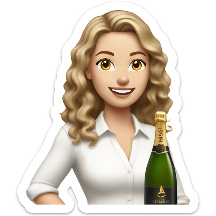 white girl with tan, carmen brown wavy hair, wearing a white v cut shirt holding a class of champagne. sticker