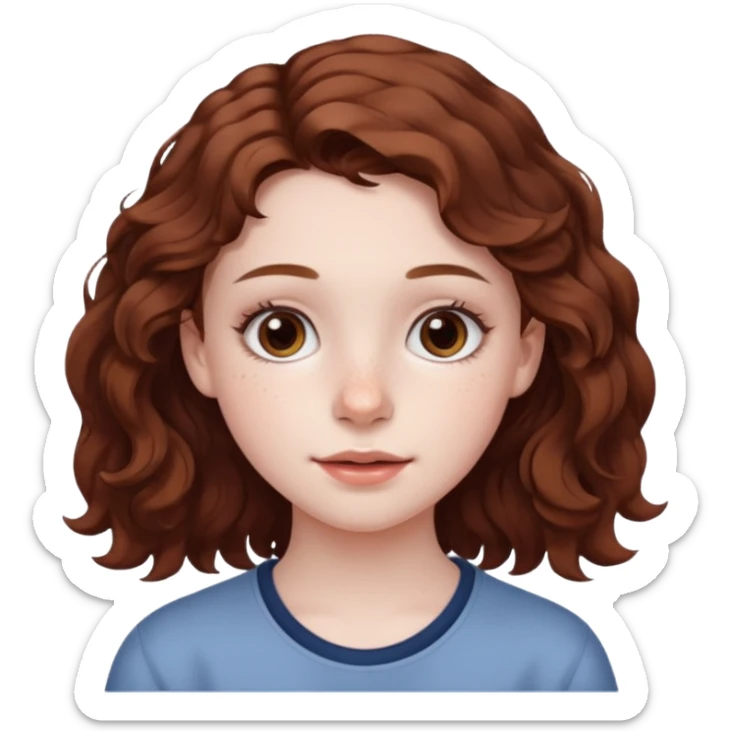 15 year old girl with pale skin, dark freckles, rosy cheeks, and wavy brown hair. sticker