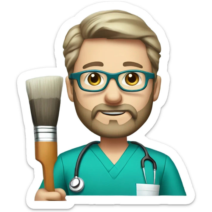 male dark blond with grey beard doctor with blue-green eyes and glasses in teal scrubs holding a paintbrush and a paint palette sticker