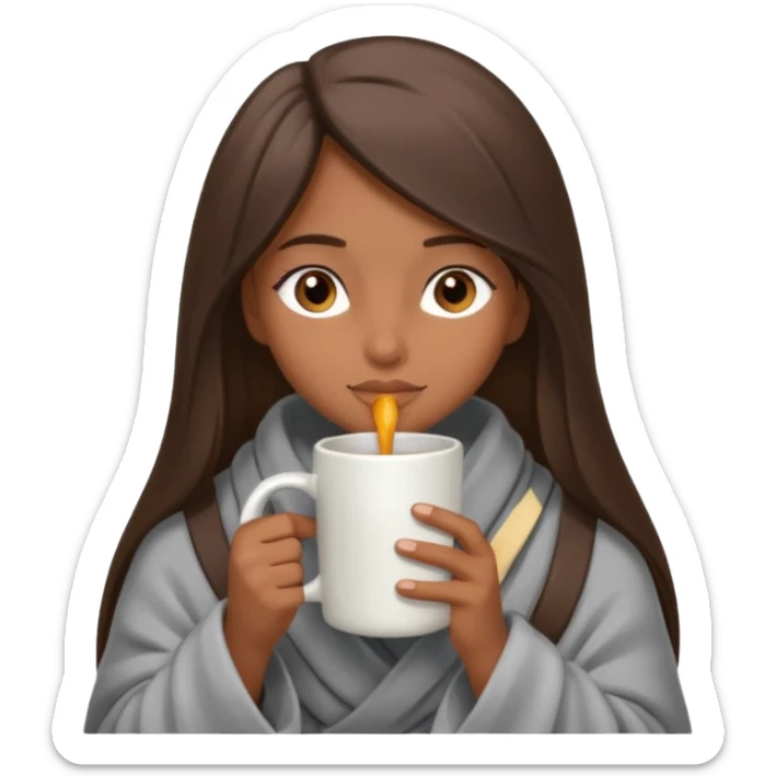 A girl with brown eyes, an ios emoji, long straight hair, wrapped in a gray blanket, and drinking from a New Year's mug sticker
