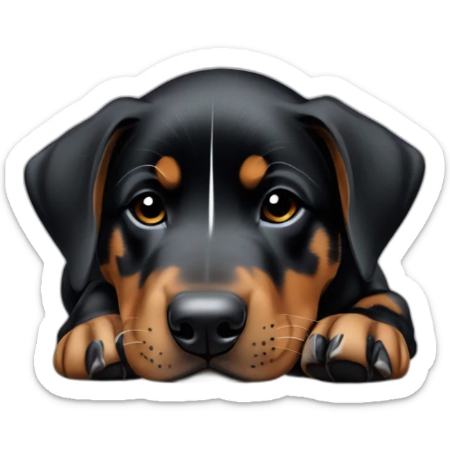 Sleeping black and brown beauceron puppy with white chest and chin sticker