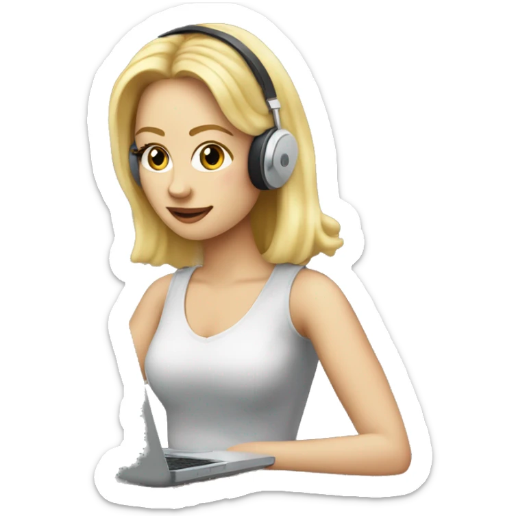 Emoji of a blonde white girl on her laptop with earphones in with a coffee sticker