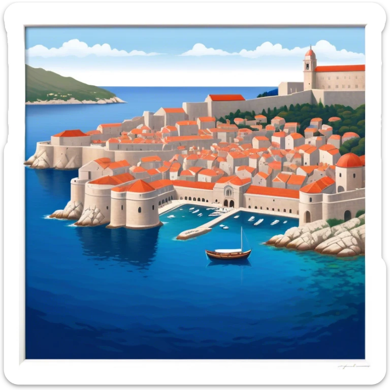 Dubrovnik – Cinematic Realistic Dubrovnik, depicted as a stunning coastal city with red-tiled roofs and ancient stone walls, set against the deep blue Adriatic Sea under warm Mediterranean light, rendered with rich textures that capture its enchanting beauty. sticker