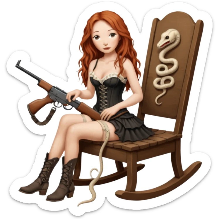 realistic cinematic Tori Amos sits on a rocking chair in a torn corset, holding an antique rifle and her bare feet are muddy. A white snake is wrapped around the chair. sticker