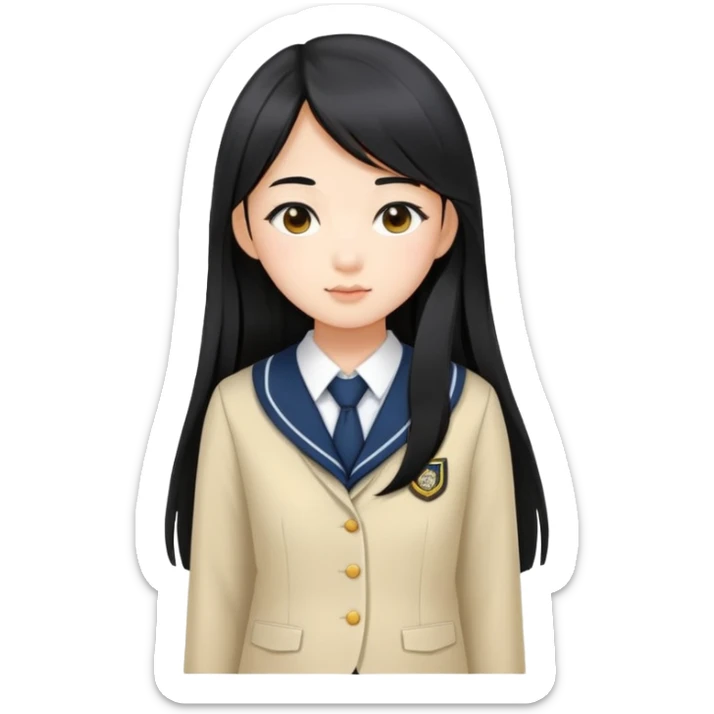 fashionable Asian schoolgirl with long straight black hair, stylish school uniform sticker