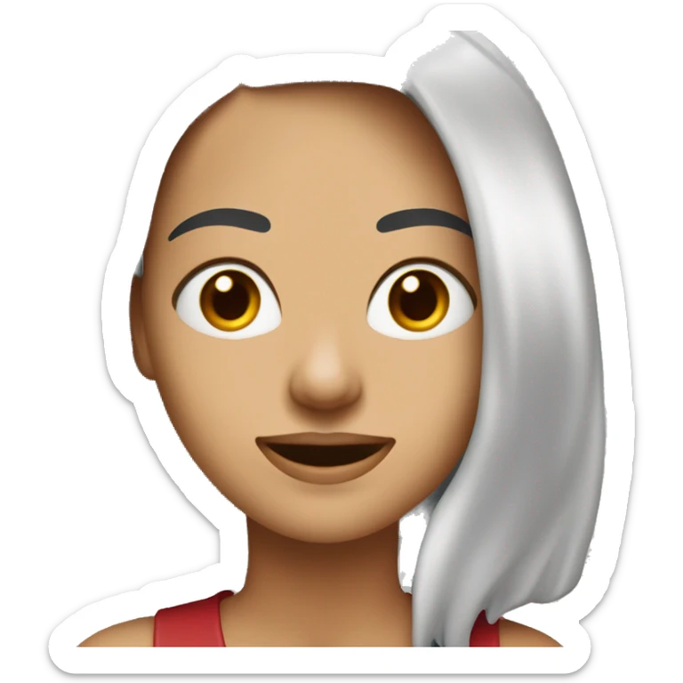 mujer blanca con el pelo rojo oscuro y largo. Con cejas tupidas. Con brackets en los dientes.  Con color de ojos marrón claro sticker