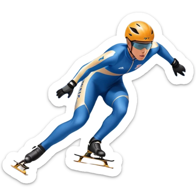 An icon showing a grand arena, snow-covered mountains in the distance, and a crisp blue sky with professional speed skater leaning into a turn on a polished ice track, dressed in a sleek suit and helmet. Transparent background highlights speed and precision. sticker
