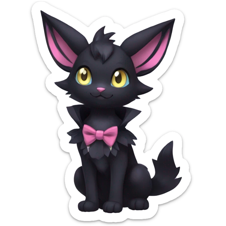 Shiny Dark Cool Edgy Black beautiful ethereal fantasy Kawaii Sona Umbreon-Noibat-Litten-Fakemon-cat-animal with edgy bat-ears bow tie black mane vtuber model Full Body sticker