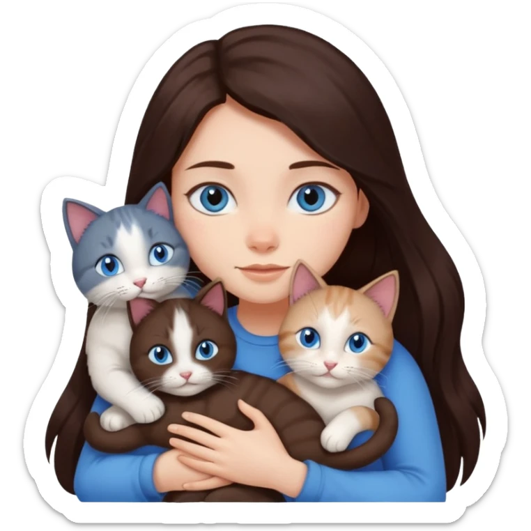 a girl with long dark 
brown hair, with blue eyes, hugs 3 different natural coloured cats sticker