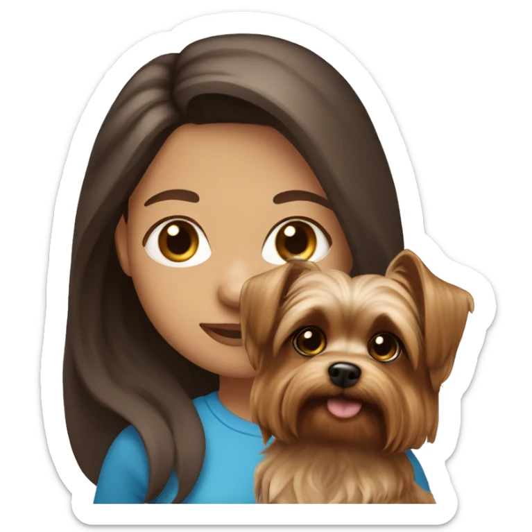 Girl with long brown hair, light skin and blue eyes holding a yorkie dog  sticker