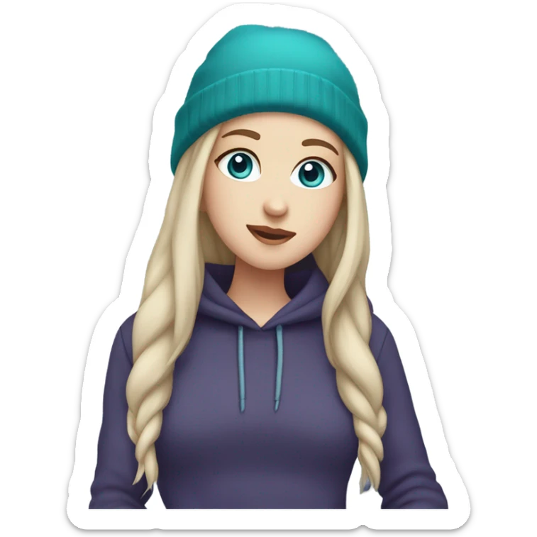 White girl, blue eyes, long teal hair, purple beanie hat, black hoodie, blue jeans, black shoes sticker