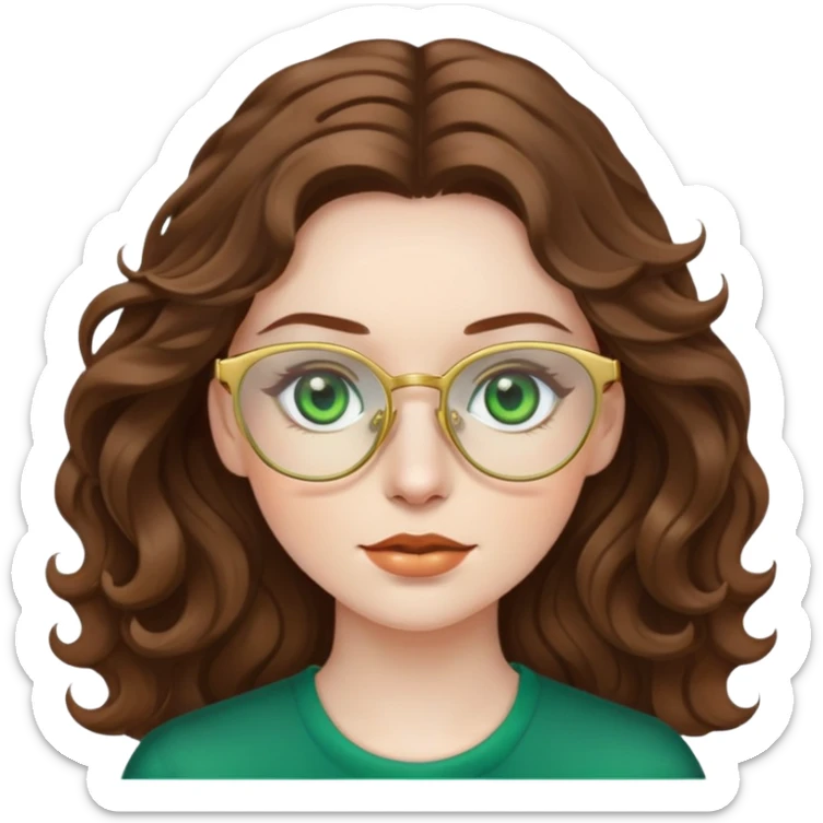 woman with pale skin, brown wavy hair, green eyes, gold glasses sticker