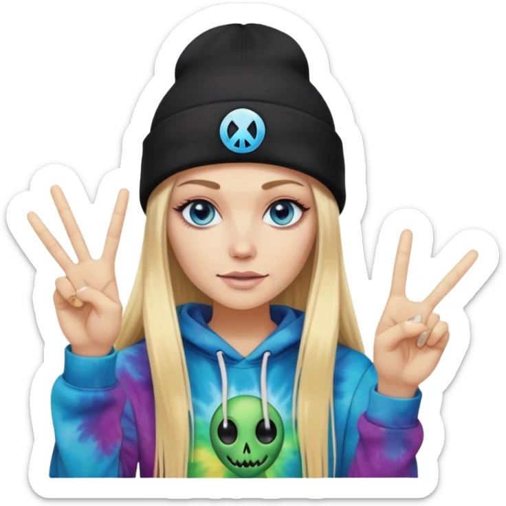 White woman with long blonde straight hair and blue eyes with long eyelashes and tiedye hoodie. i would like for her to be doing a peace sign with one hand and be wearing a black beanie with an alien face on it sticker