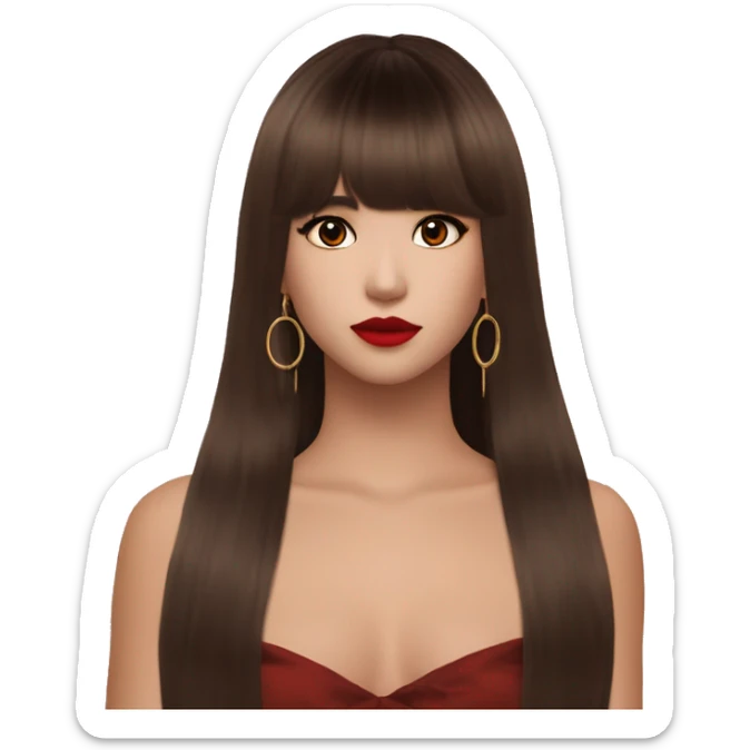 pretty girl with hair reaching below armpits with curtain side bangs styled like Lalisa Style hair during Rockstar MV, brown eyes, red lips, dark chocolate brown hair, hoop earrings  sticker