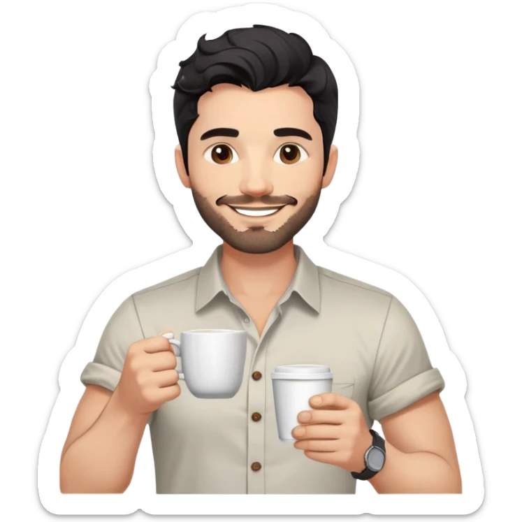 Casual portrait of a 35-year-old man with black wavy hair, stubble, strong jawline, white skin tone, wearing casual button-up shirt with rolled sleeves, holding coffee cup, friendly approachable smile, relaxed confident pose for social media sticker
