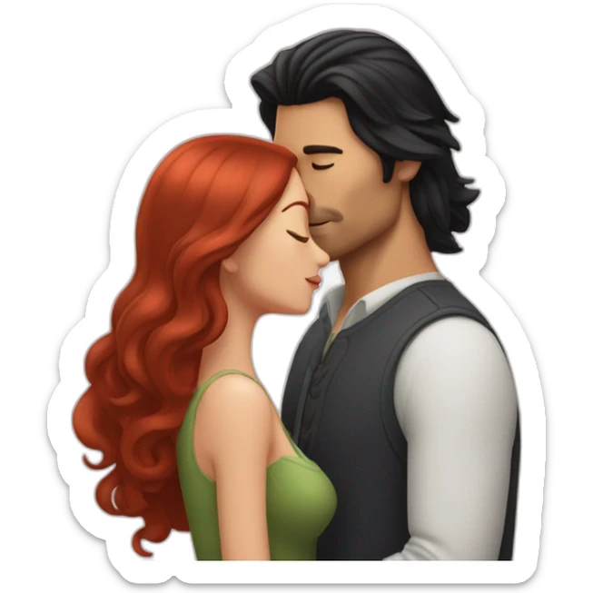 man with long black hair and no beard kissing with shorter long red-hair woman sticker