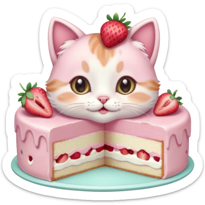 A cute cat happily eating a slice of strawberry cake, pastel color palette, soft shading, big sparkling eyes, kawaii style, highly detailed digital illustration, cozy atmosphere
, sticker
