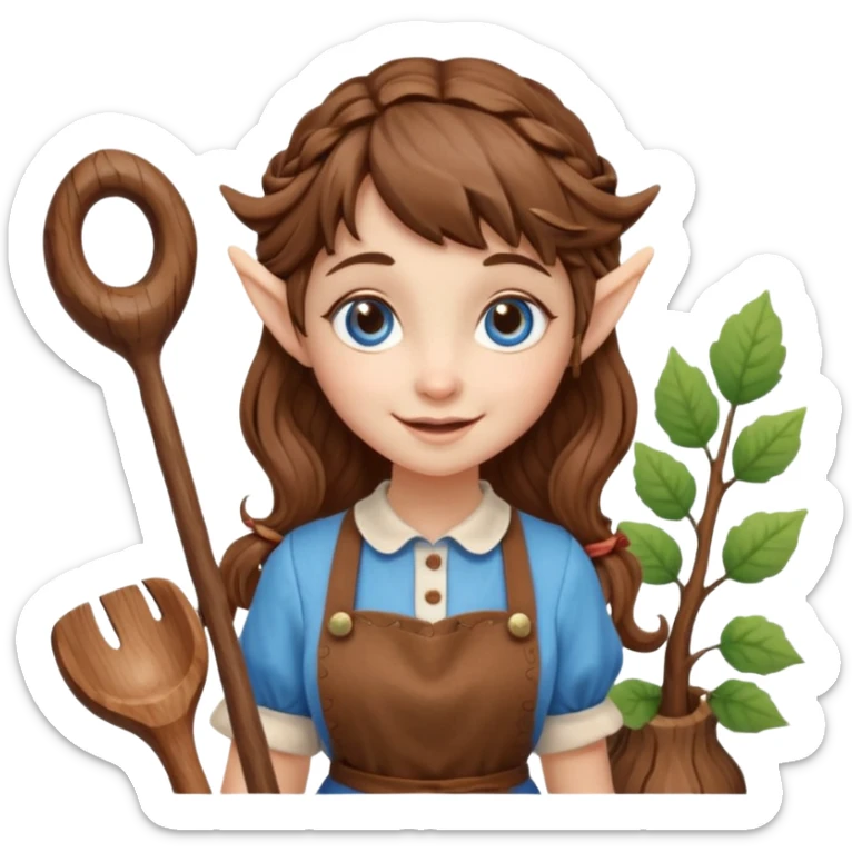 Kind happy whimsical quirky Girl toymaker, wood carving elf. Woodland creator. Blue eyes. brown hair (just below chin length) wavy hair & bangs. Whimsical playful cute sticker
