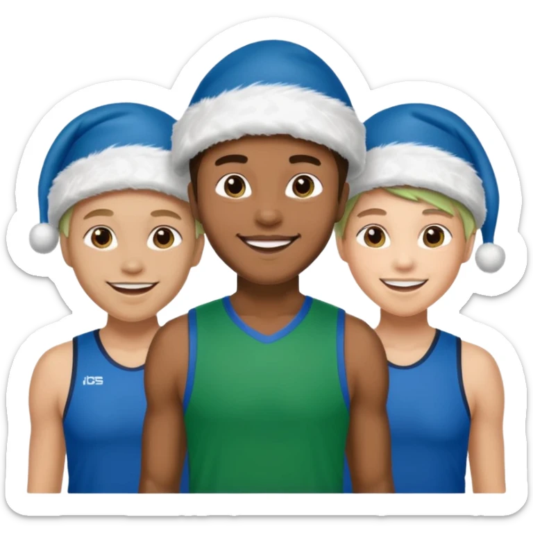 crie a imagem de 3 atletas de modalidades diferentes, usando um chapeu de papai noel das cores verde e azul. sticker