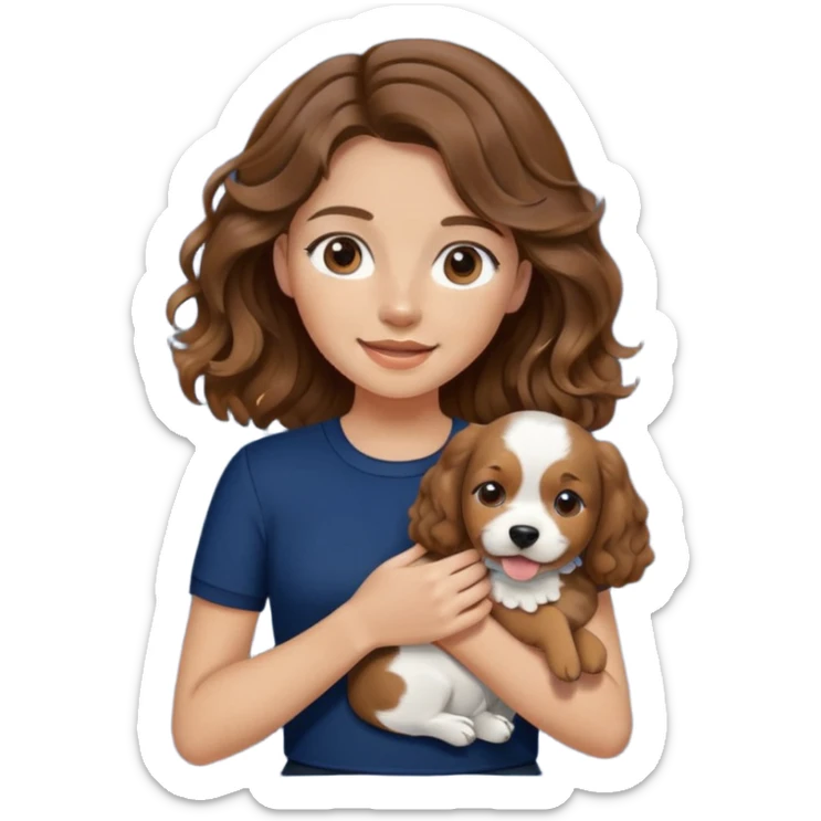 brown haired girl with braces, wavy hair, slightly tan, wearing a navy blue sando or fitted top, holding a dog. sticker