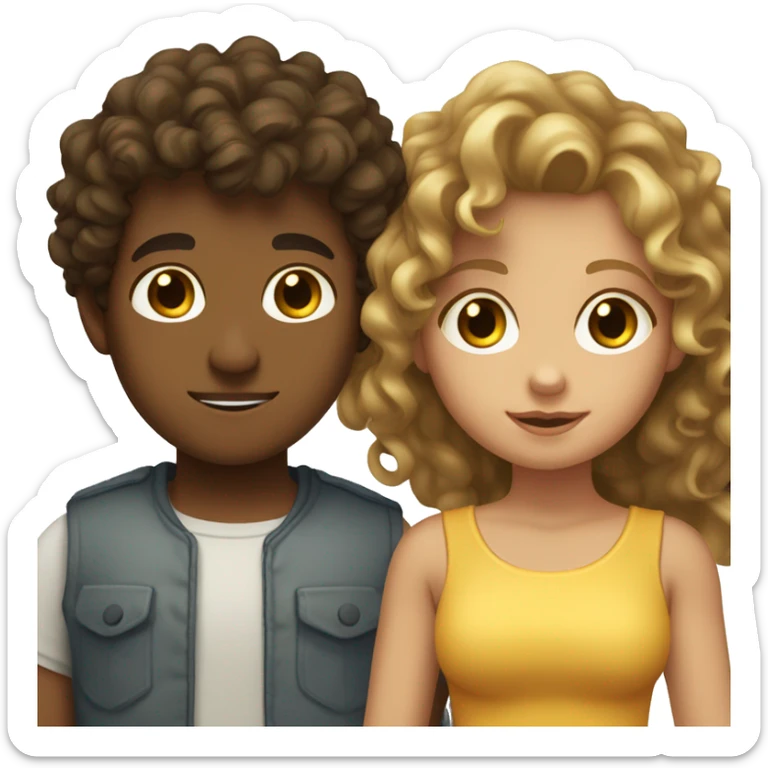 Light browned boy with dark eyes and curly dark brown hair and tanned blonde girl with brown eyes and curly long hair. Together  sticker