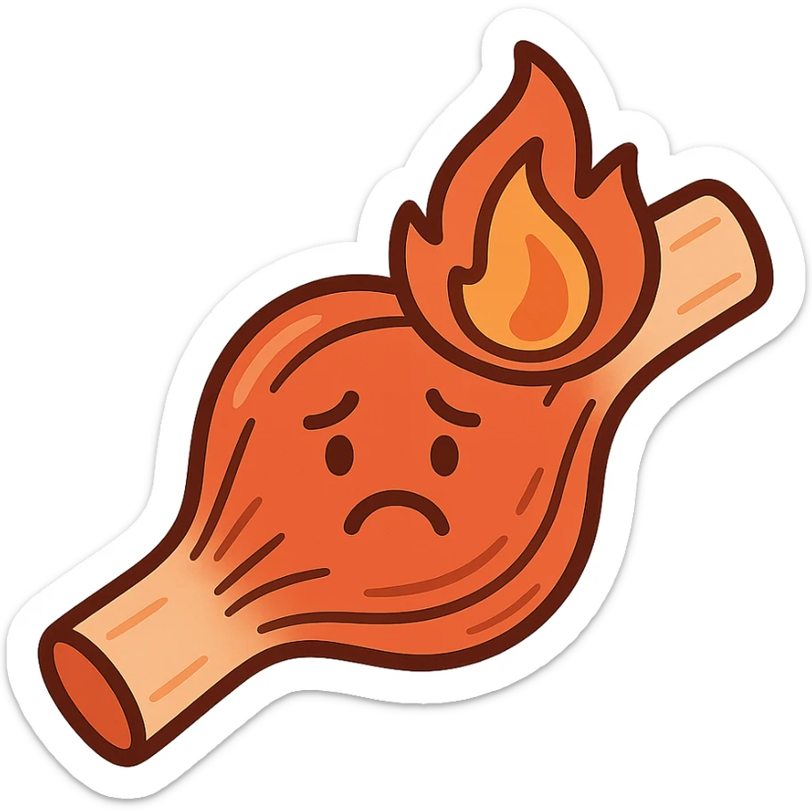 cartoon icon of an inflamed muscle or joint with a fire symbol, sad face, orange-red color palette, medical cartoon style sticker