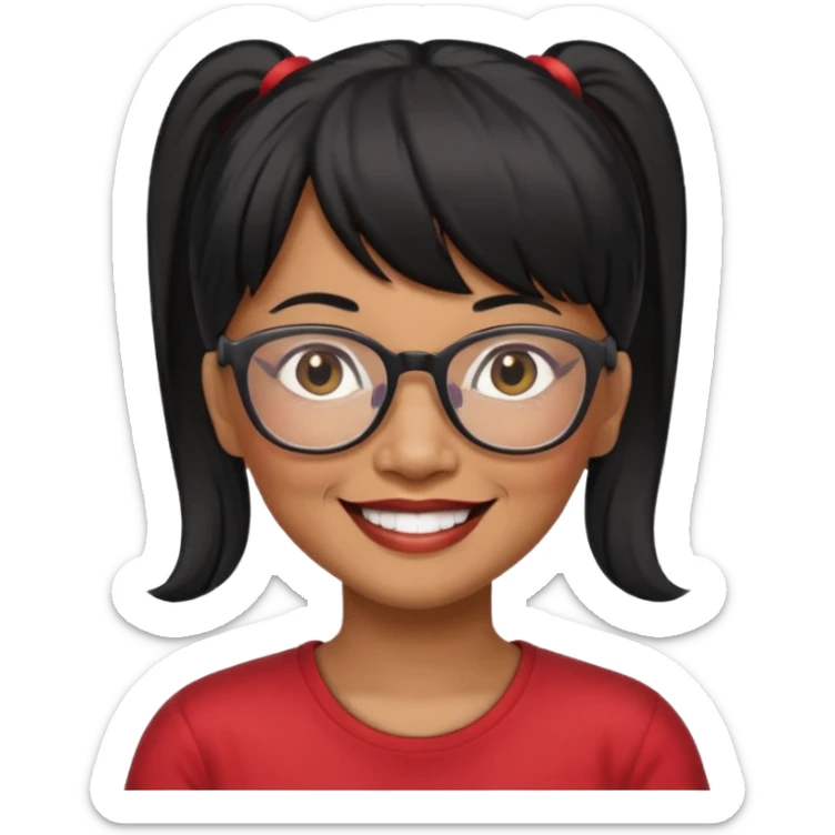 filipino woman black hair in one pony tail with straight bangs and big glasses, 60 yr old

 sticker