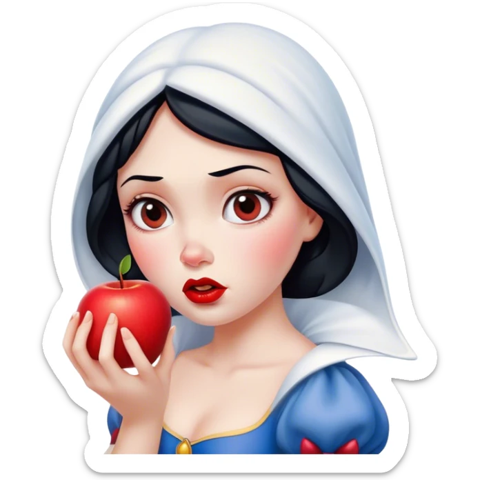 Cinematic Funny Snow White Portrait Emoji, Holding an apple with a suspicious expression, one eyebrow raised, lips pursed as if questioning her life choices, a hilariously relatable fairy tale moment! sticker