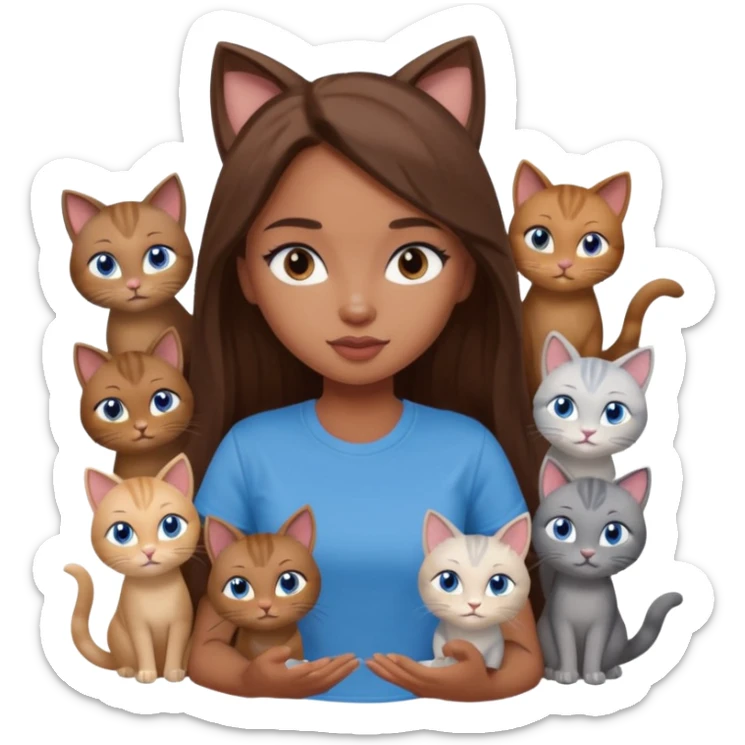 a pretty bratz dusky girl with long brown hair, blue eyes with six cats nd wearing a grey tshirt sticker