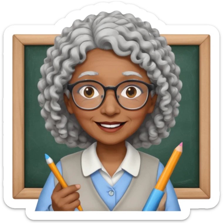old woman teacher, brown skin, curly grey white hai, wearing glasses, hold chalk on hand sticker